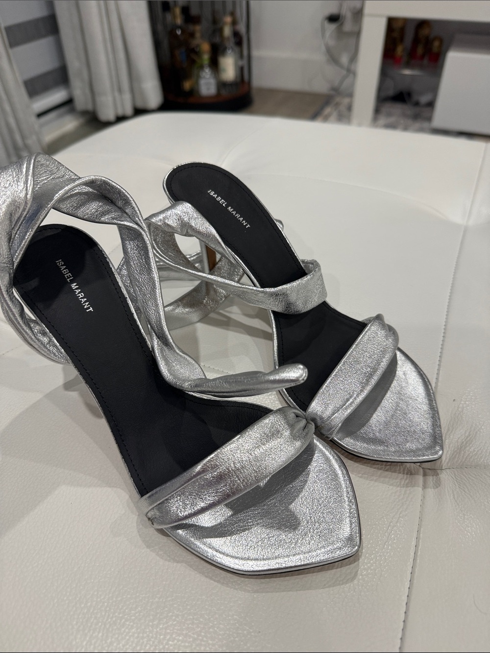 Isabel Marant Metallic Silver Knotted Strap Heeled Sandals